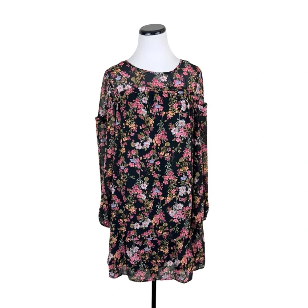 Time and Tru Long Sleeve Floral Ruffle Yoke Shift Dress Black Pink Size Large